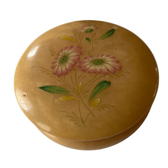 Vintage Italian Alabaster Trinket Box With Floral Design & Hinged Lid - Picture 7 of 8